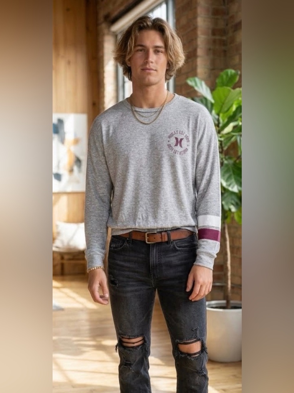 Hurley T-Shirt Men's Size Small Gray Crew Neck‎ Graphic Tee Soft Jersey Pullover